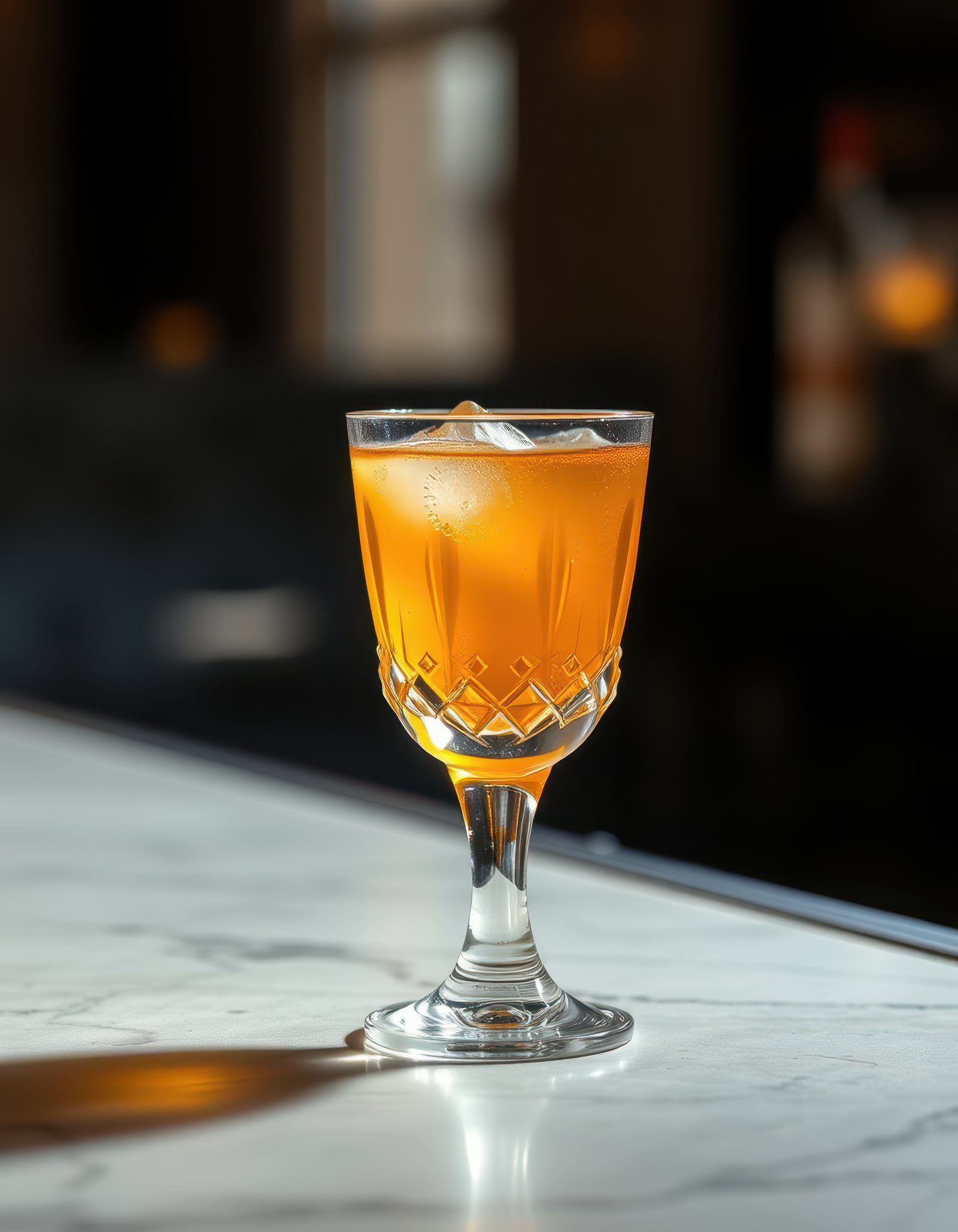 A glass of orange juice sits on a marble bar top in a dimly lit restaurant